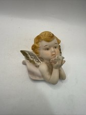 Vintage 1950’s TILSO Hand Painted Bisque Cherub Angel Flower Wall Plaque 4.5” * picture