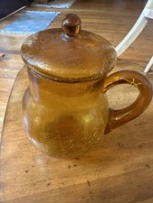 Hand Blown Amber Crackle Glass Pitcher Vase 2 Piece Lidded Set Bubble Vintage G2 picture