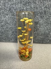 Vintage clear acrylic resin cylinder with real embedded yellow dried flowers. picture