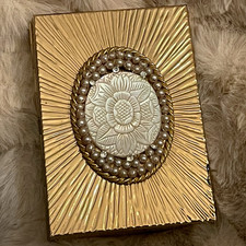 VINTAGE EVANS Gold Tone Compact & MUSIC BOX w/ MOP FLORAL (Pearl Rhinestone) picture