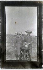 Pioneer Farm Postcard Adorable Brother Sisters rabbit, incredible smile RPPC picture