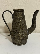 Vintage Antique Southeast Asian Metal Teapot Engraved Floral Design Missing Lid picture