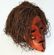 AFRICAN CHOKWE ANGOLA ZAMBIA CEREMONIAL FUNERARY HAND CARVED WOOD & FIBER MASK picture