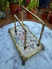 1940s Petit Point Floral Footed Letter Holder, Brass Hollywood Regency Decor picture