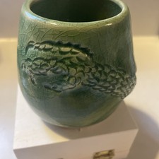 VTG Etched Green Jade Dragon Fire Pottery Vase 3.25” T. Signed JRD picture