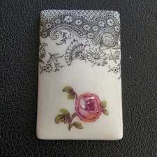 Vintage Signed Limoges France Porcelain Plaque Pink Rose Lace Floral Cabochon picture