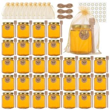 Clear 6oz Mini Glass Honey Jars with Wood Dippers 30pc Set of Glass Honey picture