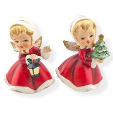 Vintage 1950s Napco Christmas Angel Figurines Pair Red X-6984 Napcoware Japan MC picture