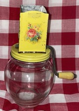 Vintage Yellow Floral Nut Grinder Chopper Wood Handle Hazel Atlas Glass 5935 picture