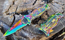 Cool Dragon Rainbow Metal Spring Assisted Pocket Knife Glass Breaker EDC 6.8 oz. picture