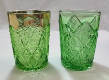 2 Vintage EAPG Cut Glass Emerald Green Tumblers Gold Accents picture