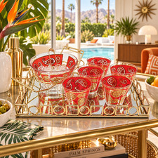Superb Culver Red Paisley 22K Gold Glasses Ice Bucket Caddy Mirrored Tray Set picture