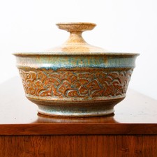 Art Pottery Lidded Bowl Ceramic Vessel Glazed Round Signed Serving Casserole Mcm picture