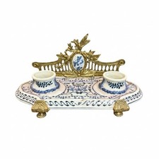 Antique Wong Lee Faience Double Inkwell Gilt Bronze Mounted Desk Set picture