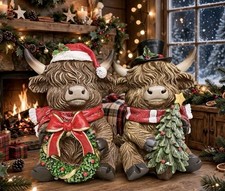 Hobby Lobby Christmas Highland Cow Figurines Santa Hat & Top Hat – Set of 2 –NEW picture
