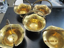 5 Hosley Solid Brass Basket Scalloped Edge Floral Etching Pedestal Handle Patina picture
