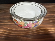 Vintage Metro Enamel Nesting Bowls Set of 3 Fruit Pattern Enamelware Mixing picture