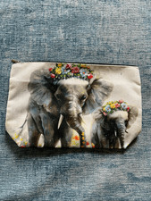 Elephant Mom Baby Floral Cotton Canvas Small Makeup Bag Travel Toiletry Pouch picture