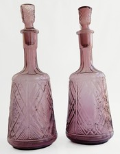 Vintage Amethyst Glass Diamond Point Decanter Bottles Set Of Two 13.5