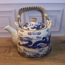 Vintage Chinese Blue White Porcelain Dragon Teapot Rattan Over Top Handle picture