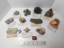 Vintage Mineral Specimen Lot 11pc Brookite Malachite Tri State Picher OK Ore Tag picture