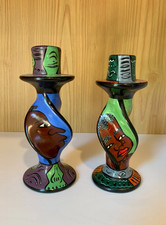 Set of 2 Carved Soapstone Hand Painted Taper Candle Holders picture