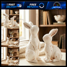 2PCS Vintage Easter Bunny Decor White Resin Rabbit Figurines picture