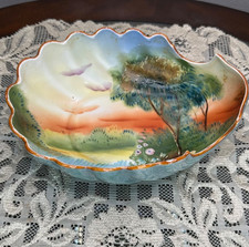 Japanese Lustreware Shell Shaped Bowl Centerpiece Hand Painted Vintage Decor picture