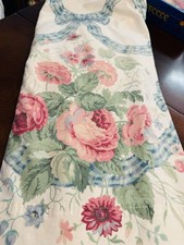 VTG FLORAL FLAT SHEET Pink ROSES BLUE RIBBONS Lattice COTTAGE VICTORIAN 84x96