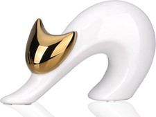 Abstract Stretching Cat Statue Modern Home Decor 4.75 Inch White Gold Figurine picture