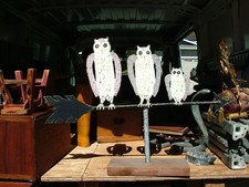 ANTIQUE CUT STEEL THREE OWLS FAMILY WITH PAINT FOLKY DIRECTIONAL WEATHER VANE picture
