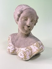 Antique 19th Century Ceramic Woman Bust Partially Glazed Floral Folk Art picture