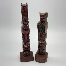 VTG Pair Pearlite Vancouver BC Handcrafted Owl Totem Pole Wooden Figures picture