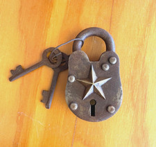 Padlock with Star, Small Cast Iron Lock, Rustic Antique Finish 2 Keys Works picture