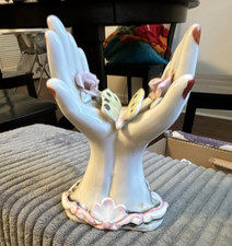 Ceramic Hands Figurine w/ Butterfly, White Pink Yellow, Adult Decor picture