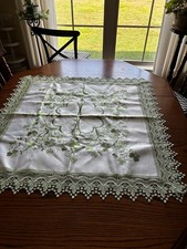 Irish Themed Table Clothe 34” Square Embroidered Shamrocks & Gorgeous Green Lace picture