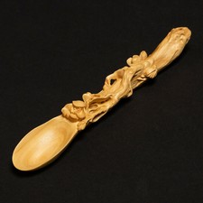 16 CM Long Carved Boxwood Carving Tea Scoop Spoon: Flower picture