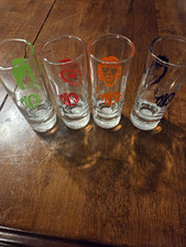 Set of 4 Clear Glass Shot Glasses Phish Designs Green Red Orange Blue  FULL SET picture