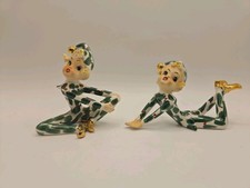 Pair Vintage Lefton Christmas Ceramic Holly Girl Pixie w Spaghetti Hair picture