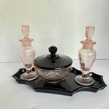 Vtg Art Deco Pink Black Glass Vanity Set 4 Pcs Tray Perfume Bottles Powder Jar picture