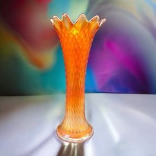 Antique Northwood Diamond Point Carnival Glass Swung Vase Dark Marigold Super picture
