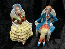 Colonial Couple Porcelain Figurines Sitting on Chairs Yellow Dress picture