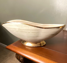 MCM Vintage McCoy White/Gold Glossy Ceramic Oval Bowl/Planter Striped Pattern  picture