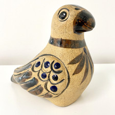 Tonala Mexican Folk Art Sandstone Pottery Bird Painted Floral Signed 5.5