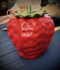 VTG McCoy Pottery USA 263 Red Strawberry Cookie Jar w/ Green Stem Lid picture
