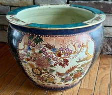 HUGE Chinese Satsuma Moriage Cherry Blossom Koi Fish Bowl Planter SEE APPRAISAL picture