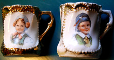 Set 2 Antique VICTORIAN PORCELAIN CHILDRENS MUGS c1880s GIRL'S PORTRAITS w Gold picture