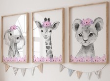 Eviepops Prints - Safari Animals Baby Girls Nursery Wall Art Set 3 (11x14 picture