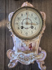 French Antique Porcelain Designed Hand-Painted Mantel Clock Pink Man Woman picture