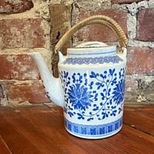 Blue & White Floral Glazed Ceramic Teapot 1 qt with Lid & Wrapped Handle picture